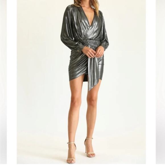 Fate Silver Metallic Long Sleeve Faux Wrap Dress - Picture 1 of 9